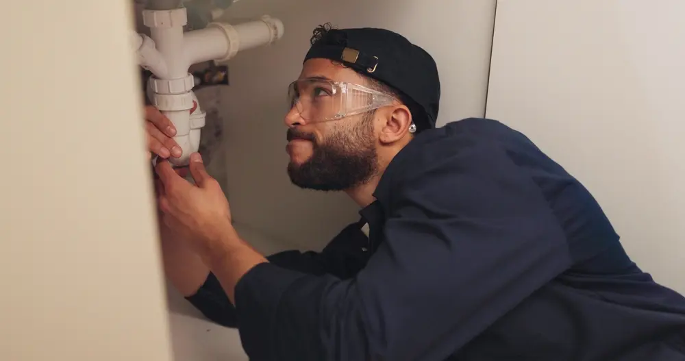 Professional plumber with safety glasses and cap inspecting white PVC P-trap and drainage pipes under a sink for leak detection