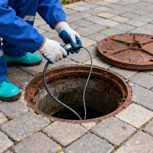 A professional plumber feeding a high-pressure hydro-jetting hose into an open outdoor sewer cleanout to remove main line blockages.